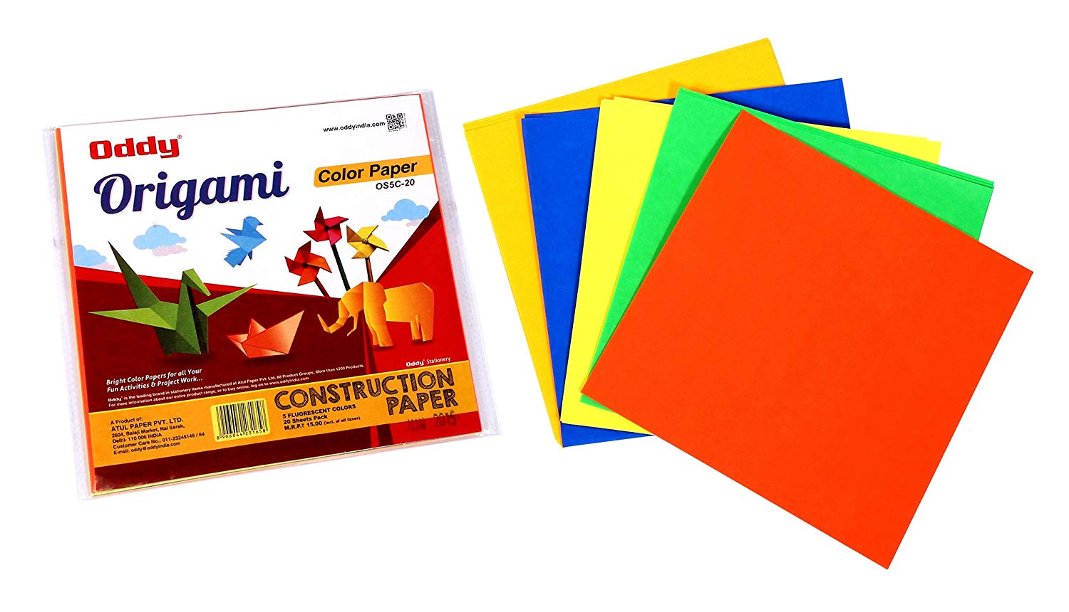 Origami Sheets, Single Side Fluorescent, 6”x6”,4 Sheets X 5 Color