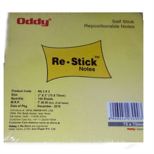 Re-stick Paper Notes Yellow 3X3 Inch