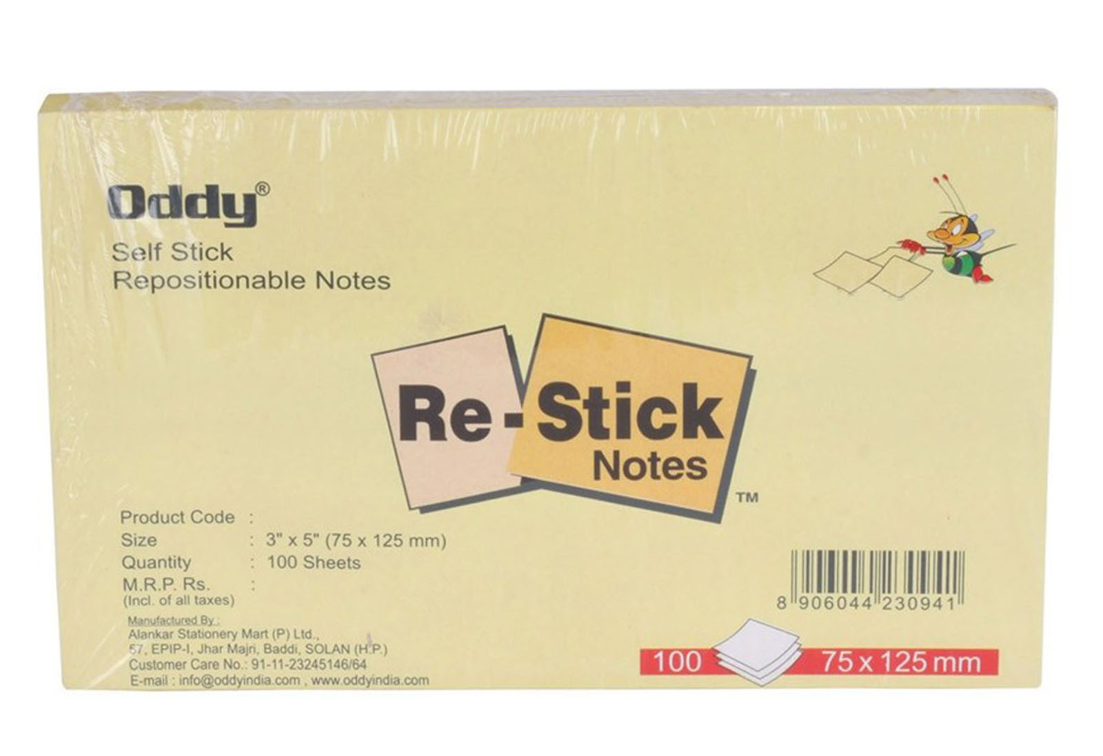 Oddy Re-stick Paper Notes Yellow 3X5 Inch