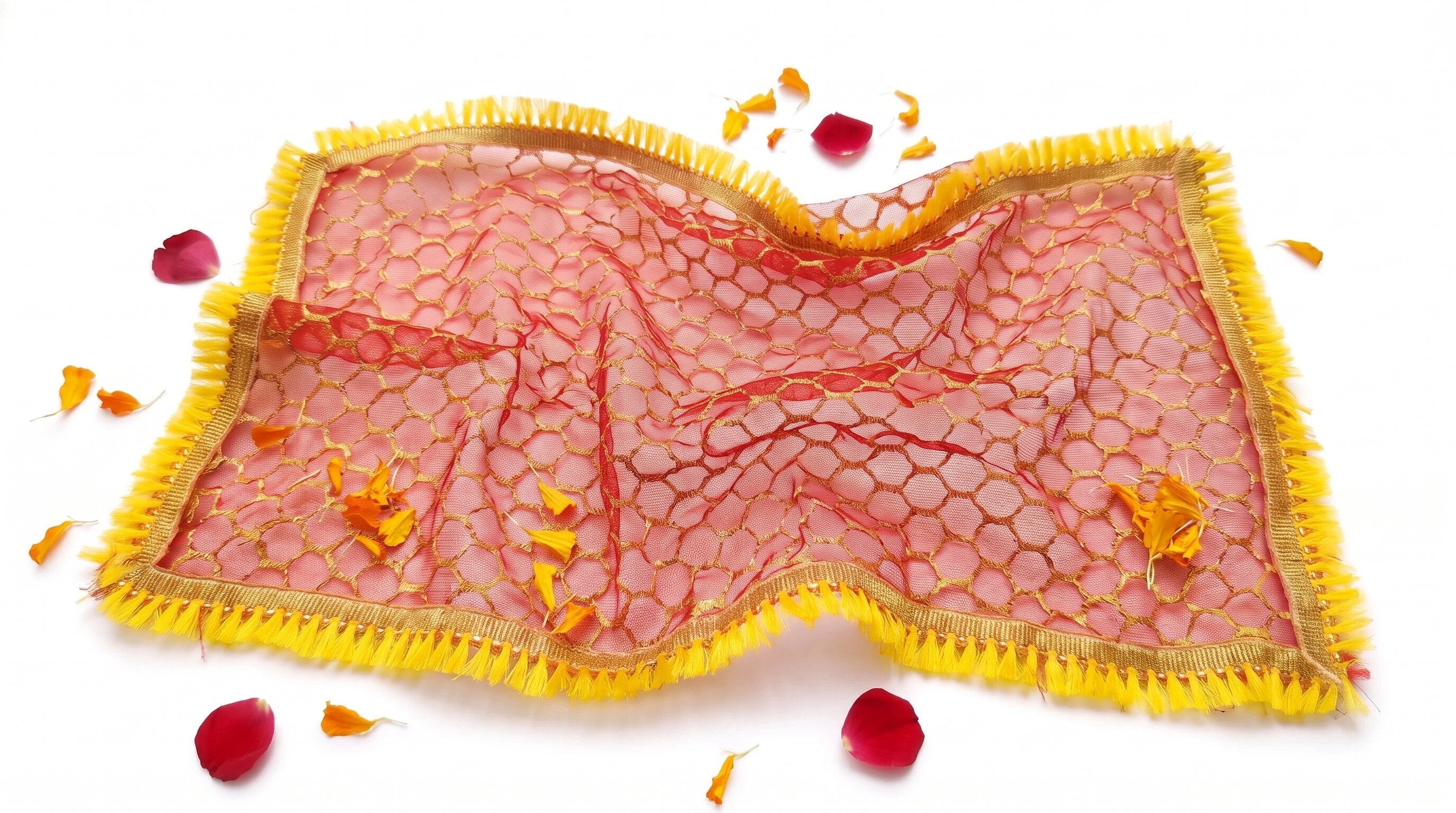 Hanumanta Mata Rani Ki Chunri (18 x 9 Inch) &ndash; Red Brocade Devi Maa Dupatta with Golden Zari Jaal & Yellow Fringe Border for Diwali Laxmi Puja & Mandir Idols - Pack of 2