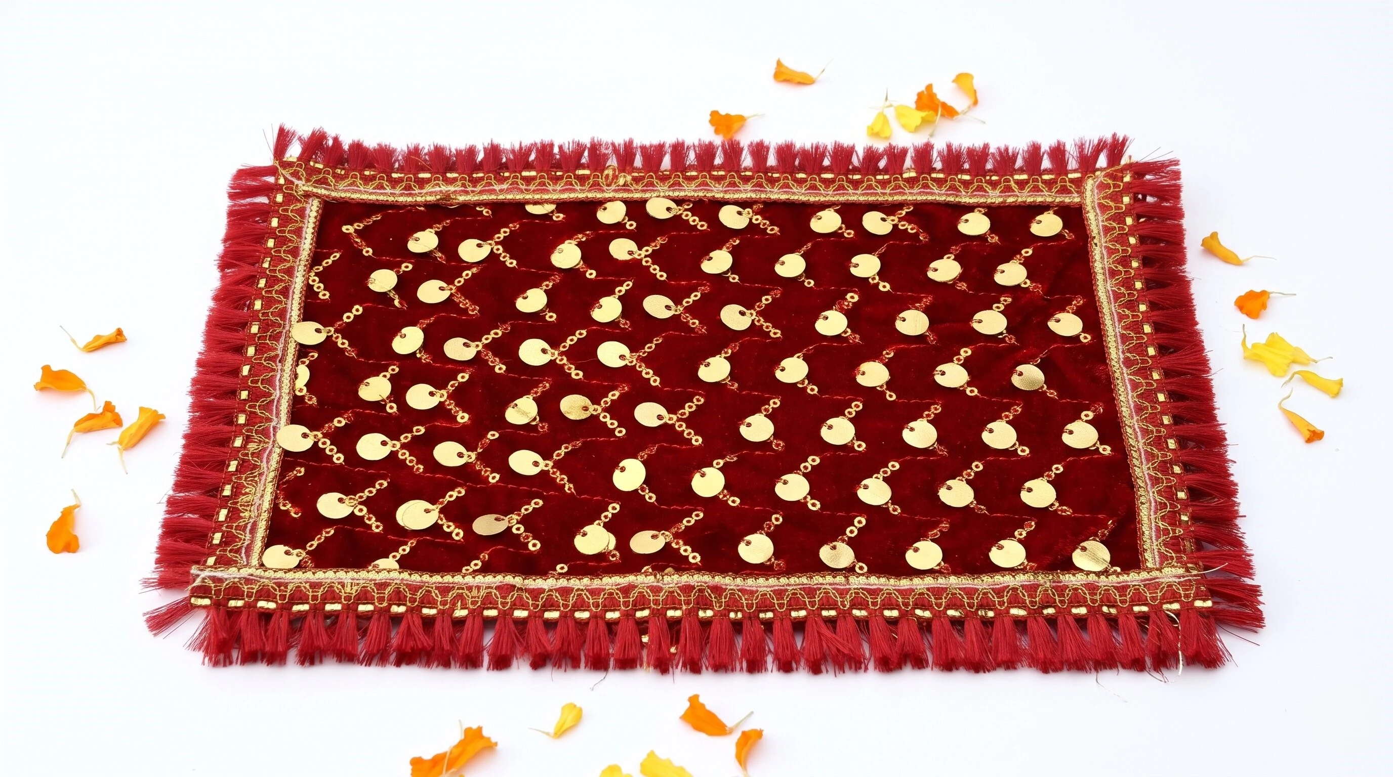 Hanumanta Red Velvet Puja Aasan Cloth for Mandir Chowki (10 &times; 6 Inch) &ndash; Golden Jari & Sequin Border Pooja Mat for God Idols & Deity Pedestal