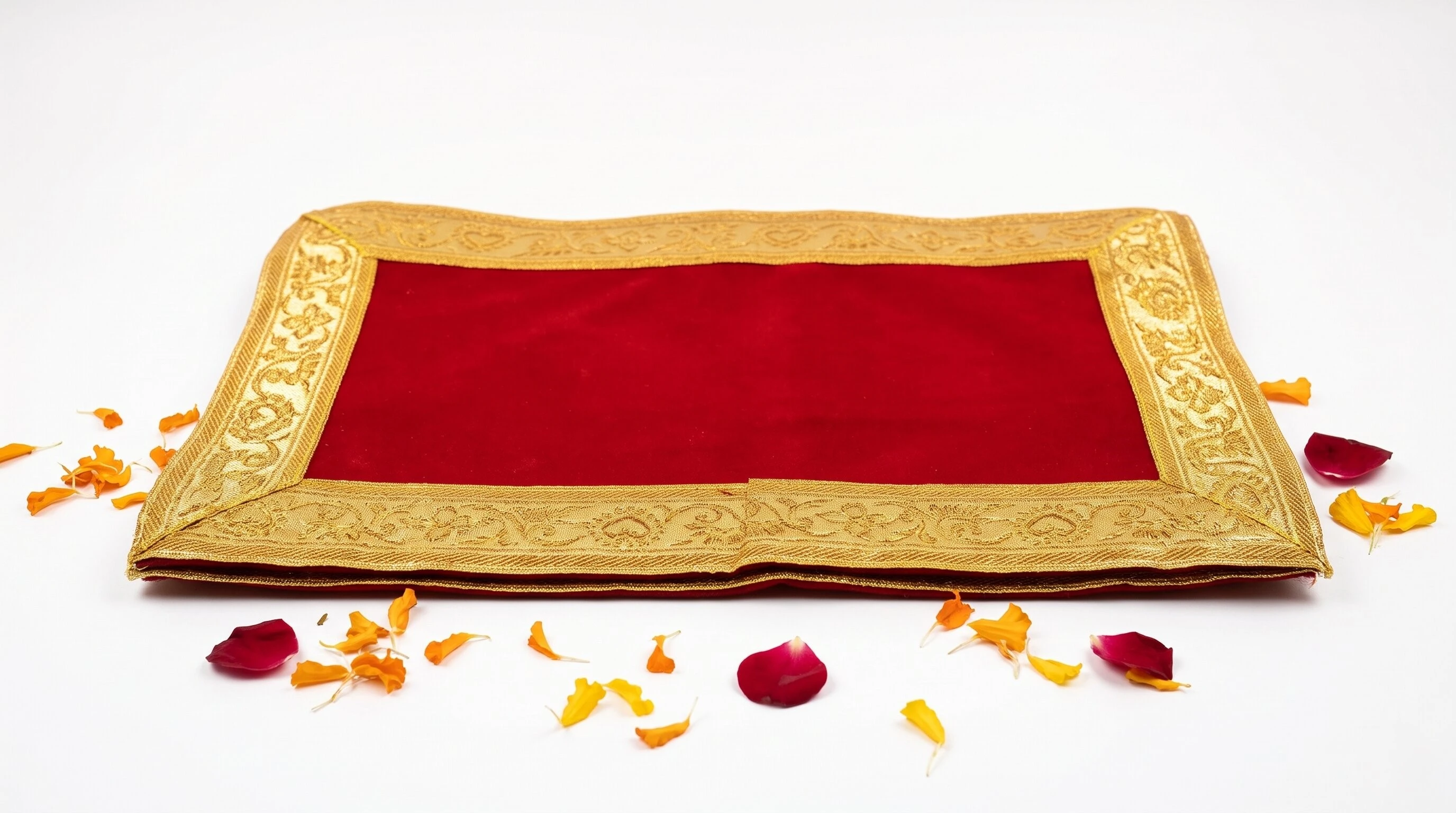 Hanumanta Red Velvet Puja Aasan Cloth for Mandir Chowki (12 &times; 7) &ndash; Traditional Golden Zari Lace Border Pooja Mat for God Idol & Bajot Altar - Pack of 2