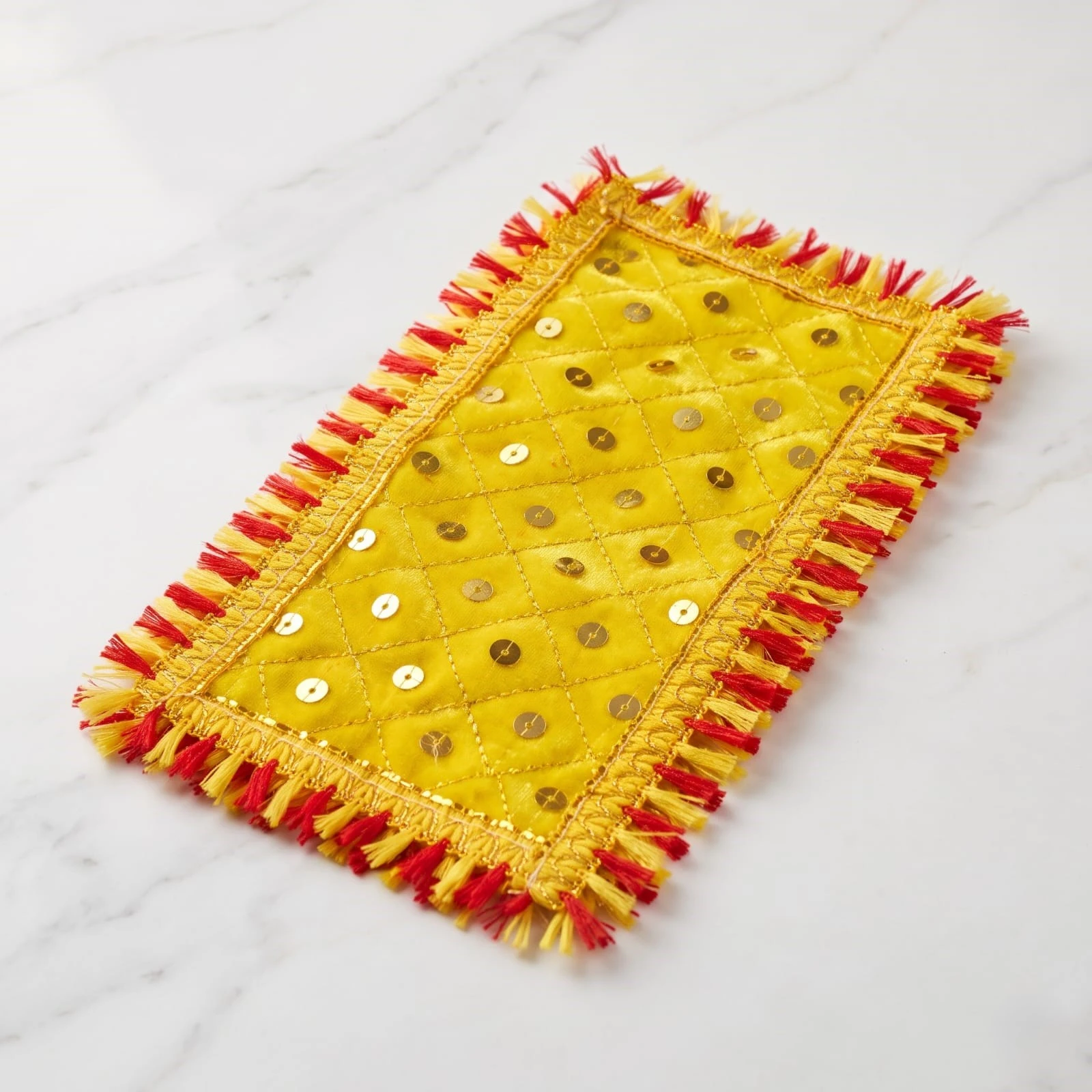 Hanumanta Yellow Velvet Puja Aasan Mat for Home Temple, Deity Idol & Chowki (10 x 6) - Pack of 2