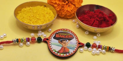Chota Bheem Cartoon Designed Rakhi for Kids with Roli - Chawal