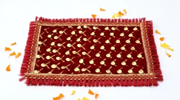 Red Velvet Puja Aasan Cloth for Mandir Chowki (10 &times; 6 Inch) &ndash; Golden Jari & Sequin Border Pooja Mat for God Idols & Deity Pedestal