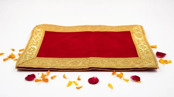 Red Velvet Puja Aasan Cloth for Mandir Chowki (12 &times; 7) &ndash; Traditional Golden Zari Lace Border Pooja Mat for God Idol & Bajot Altar - Pack of 2