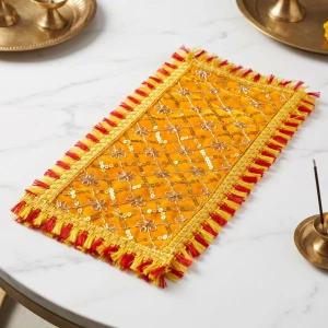 Yellow Velvet Mandir Altar Cloth / Deity Asan with Zari Floral Embroidery & Dual Fringe Border (13 x 6) - Pack of 2